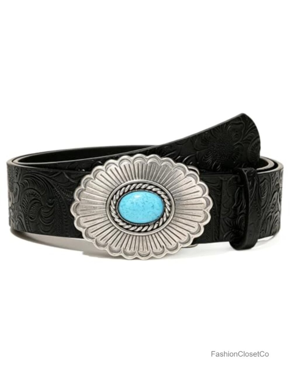 Western Faux Leather Belt Turquoise Sunburst Buckle Floral Engraved Cowboy
